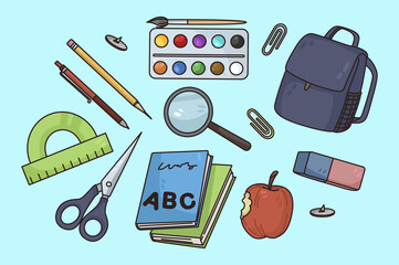 Set of objects for learning or studying. Colorful collection of pupil or student school supplies, backpack, books, scissors, notebook, magnifier and pens. Education concept. Vector illustration. 