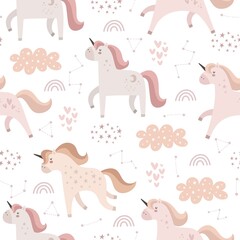 seamless pattern with cartoon unicorns, rainbows, clouds, decor elements. Magic. Colorful vector flat style for kids. Animals. hand drawing. baby design for fabric, print, wrapper © Ann1988
