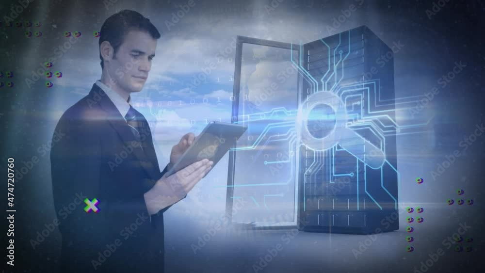 Poster animation of caucasian man using tablet, data processing and server over clouds