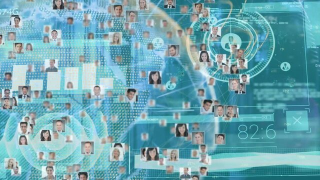Animation of data processing and people icons with globe on blue background