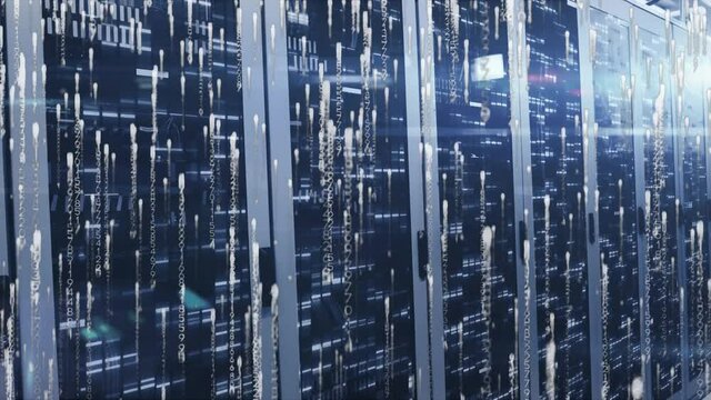 Animation of light spots and trails over server room