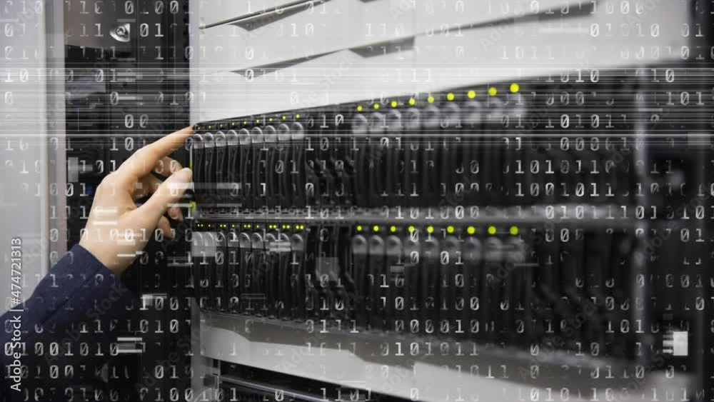 Poster animation of binary coding over caucasian female worker inspecting server room