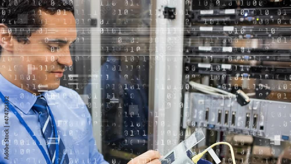 Poster animation of binary coding over biracial male worker inspecting server room