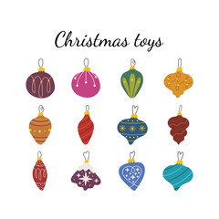 Set of vector isolated multicolored doodle Christmas toys. Red, pink, green, orange, blue, mustard, purple, dark blue colors