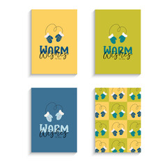 Festive cards warm wishes to you with hand drawn green and blue colors winter gloves with waves and lines. Printable template with doodle elements.