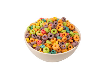 Colorful rings cereal spill out into a bowl. Breakfast. Isolated.