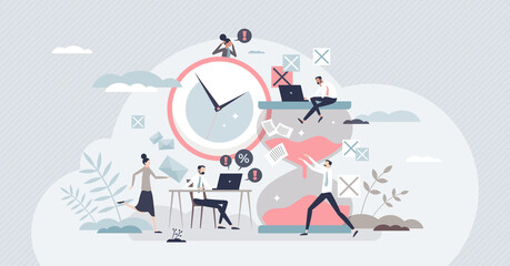 Urgency and ASAP time deadline for business project tiny person concept. Task priority for urgent challenge vector illustration. Efficiency and hurry productivity in last minute vector illustration. - obrazy, fototapety, plakaty