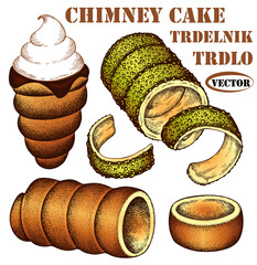 Sketch hand drawn set of colorful chimney cake with pistachio isolated on white background. Drawing chocolate trdelnik, hungarian sweet baked food, czech dessert, kürtőskalács. Vector illustration. - 474722125