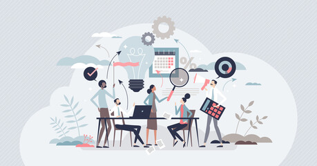 Marketing agency with advertisement and content creation tiny person concept. Teamwork brainstorming process and client ads campaign for social media vector illustration. Company identity searching.