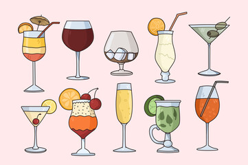 Vector set of cocktails in glasses served at bar. Classic alcoholic beverages isolated on white background. Restaurant of club menu. Alcohol and soft drinks concept. Flat illustration, cartoon. 