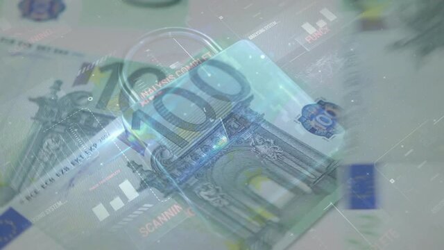 Animation of integration circuit and security padlock over falling euro banknotes