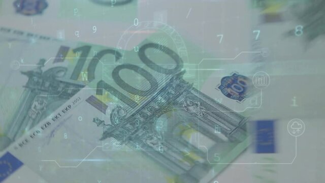 Animation of changing numbers and virus alert over falling euro banknotes