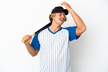 Young blonde man playing baseball isolated on white background has realized something and intending the solution