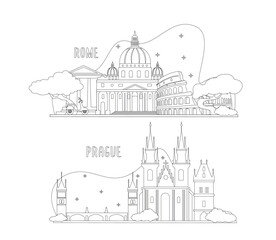 Set of vector illustration, Rome, Prague, landmark, sketch