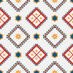 Design pattern fabric flowers, square, geometric seamless ethnic. Square fabric pattern oriental ethnic traditional. For background, carpet, wallpaper, clothing, wrapping, batik, vector illustration.