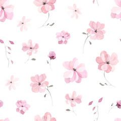 Spring seamless pattern with abstract blossom flowers delicate pink color, watercolor illustration isolated on white background, floral print for fabric, wallpapers or wrapping paper.