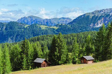 The meadows, pastures and mountain pastures of Alta Val Badia, near the village of La Villa, in the Italian Dolomites - August 2021.