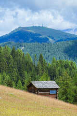 The meadows, pastures and mountain pastures of Alta Val Badia, near the village of La Villa, in the Italian Dolomites - August 2021.