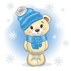 Christmas card Cute Cartoon Teddy Bear in a hat and a scarf on a blue - white background with snowflakes. Vector illustration.