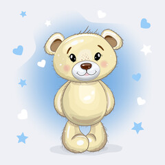 Cute Cartoon Teddy Bear isolated on a blue background with hearts and stars.  Vector illustration.