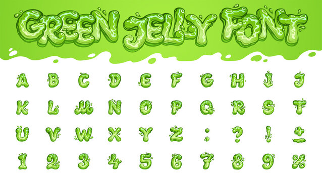 Vecteur Stock Green jelly font. Vector set of cartoon letters and numbers.  Funny hand drawn English alphabet. Liquid slime lettering with a drops and  splashes | Adobe Stock