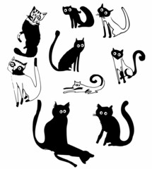 Set of funny cats. Hand drawn illustration.
