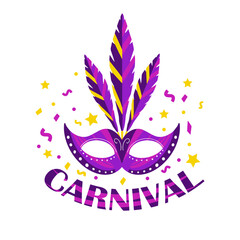 Carnival Poster. Mask with feathers isolated on white background. Carnival masquerade template for your design. Vector illustration