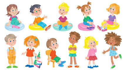 A group of funny little children are standing, sitting and talking to each other. In cartoon style. Isolated on white background. Vector illustration.