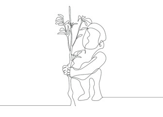 little boy helping plant a sapling drawing concept.