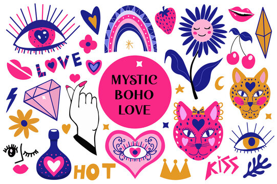 Mystic boho love modern abstract trend style stickers icons, patches badges with hearts and eyes. Valentine's day, romance concept for cards, posters. Vecto illustration, clip art