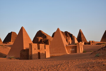 Pyramids of Meroe in Sudan in beautiful evening light. 
