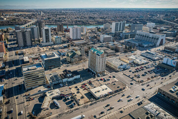 Fototapeta premium Aerial Drone View of the city of Saskatoon in Saskatchewan, Canada