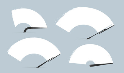 Set of Check wiper wipers cleans the windshield. Vector car windscreen wipe glass. Clean window, brush wiper blades. Arm blade in car removes streaks water drop. Isolated on grey background. - obrazy, fototapety, plakaty