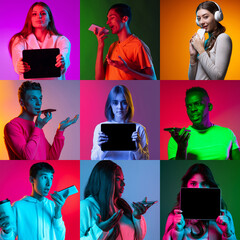 Group of young people men and women with digital tablets isolated on multicolored background in...