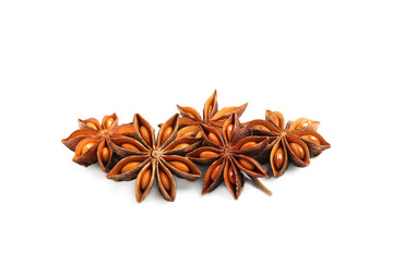 Dry anise stars with seeds on white background