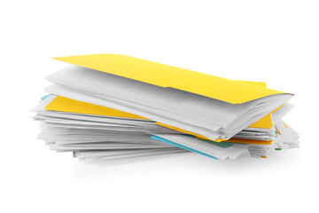 Stack of different files with documents on white background