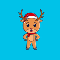 Cute christmas reindeer wearing christmas hat and scarf