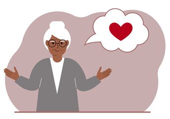 Happy grandmother thinks about love. In the balloon of thought is a red heart. Vector