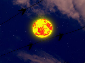 moon and stars. reddish yellow moon. 3d illustration of night atmosphere with clear sky 
