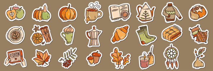 Set of color hand-drawn autumn mood vector illustrations in doodle style. Cozy cute cartoon collection isolated on white background for seasonal decoration.