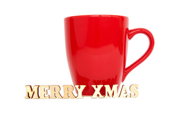 Red cup and inscription merry christmas isolated on white background. Copy space. - 474730598
