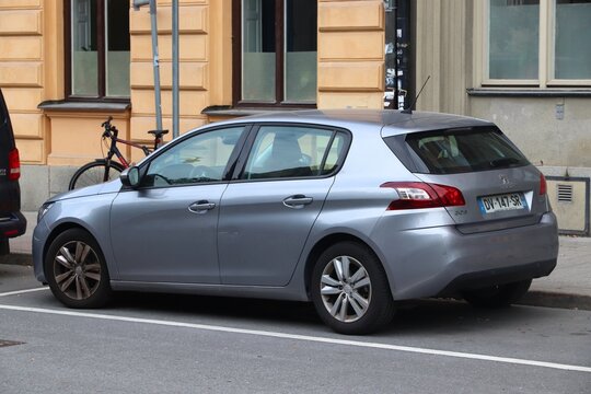 STOCKHOLM, SWEDEN - AUGUST 24, 2018: Peugeot 308 compact car parked in Stockholm, Sweden. There are 4.8 million passenger cars registered in Sweden.