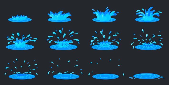 Water ripple animation. Cartoon splash fx effect 2d game, sprite sheet frames liquid drop, storyboard motion effect rain drops, flash sea set, neat vector illustration