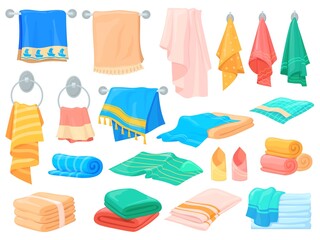 Cartoon bath towels. Cartoon fabric cloth for hand kitchen towel, blanket beach hotel spa laundry, shower textile washcloth hanging in bathroom, rolls folded stack, neat vector