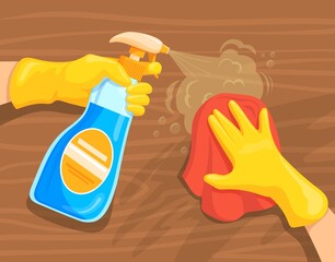 Cleaning table spray. Hand in rubber glove wipe clean surface office desk, sanitize home equipment, disinfect house detergent cleaner, hygiene workplace, neat vector illustration