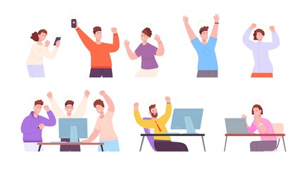 People rejoice luck. Winners celebrate success win victory, achievement message on smartphone display, employee champion celebrating triumph, cartoon splendid vector illustration