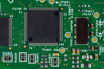 Printed Circuit Board with integrated circuit (ic) mounted part on board for background technology concept. Electronic circuit board.