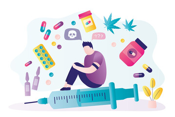 Man suffering from various addictions sits on syringe. Male character abuse nicotine substances
