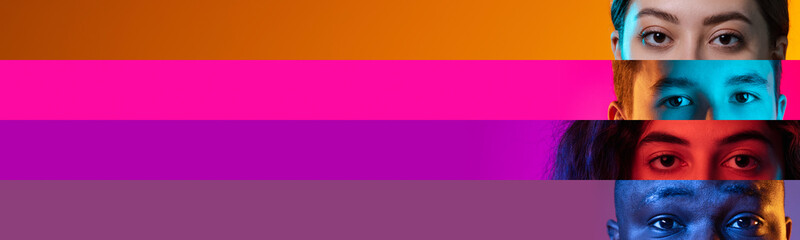 Collage of close-up male and female eyes of multi ethnic people isolated on colored neon...