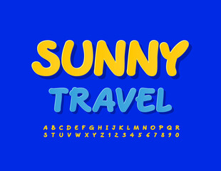 Obraz premium Vector Bright Emblem Sunny Travel. Playful Yellow Font. Modern Handwritten Alphabet Letters and Numbers